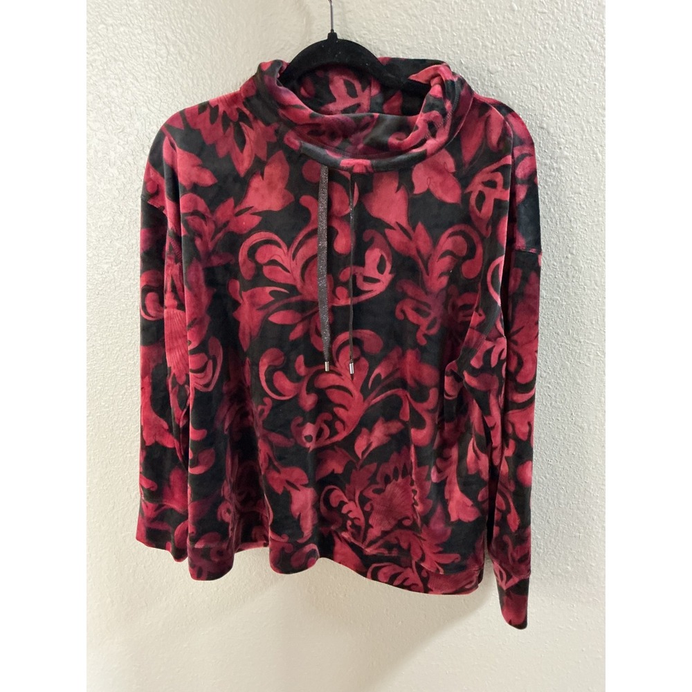 Chico's Velour Pullover Womens L Red Black Whimsigoth Damask Cowl Neck Top